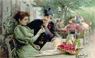 Sotilas ja nuori tyttö juomassa uutta viiniä, 1896